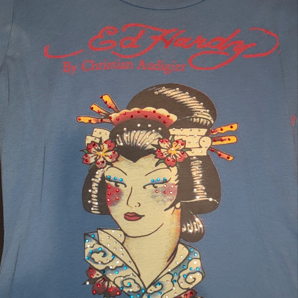 Vintage Ed Hardy blue bling geisha shirt